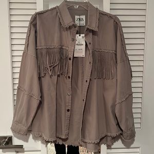 Zara Denim Bejeweled Frayed Jacket, size small